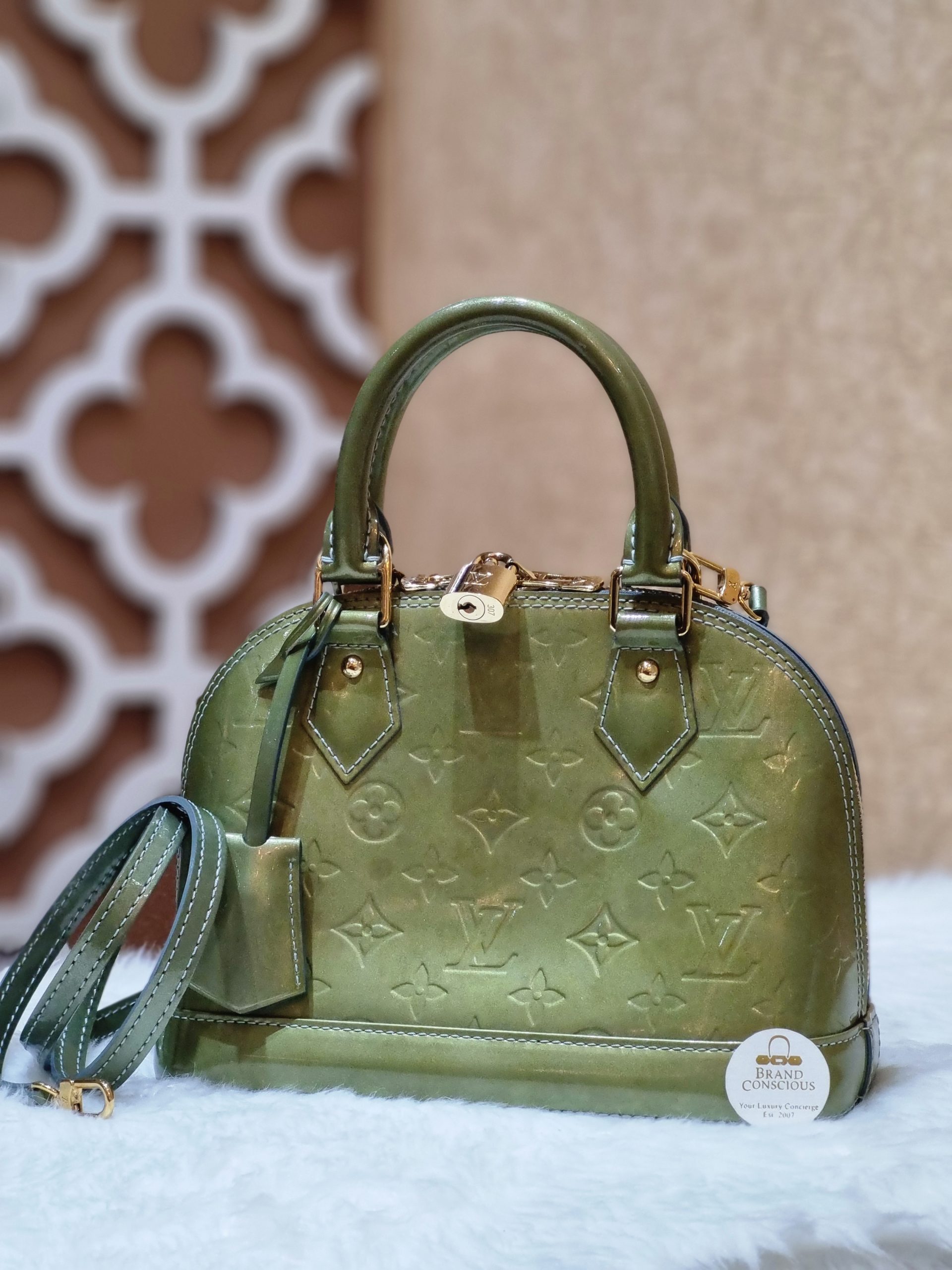 Louis Vuitton Metallic Green Monogram Vernis Alma BB Bag