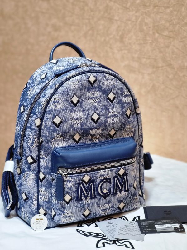 MCM Small Stark Vintage Jacquard Monogram Canvas & Leather Backpack Women's  Blue 