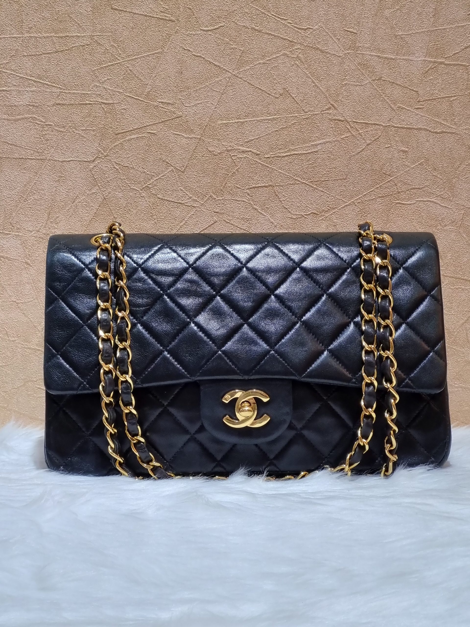 Vintage CHANEL Beige and Black Frame Lambskin 2.55 Classic 