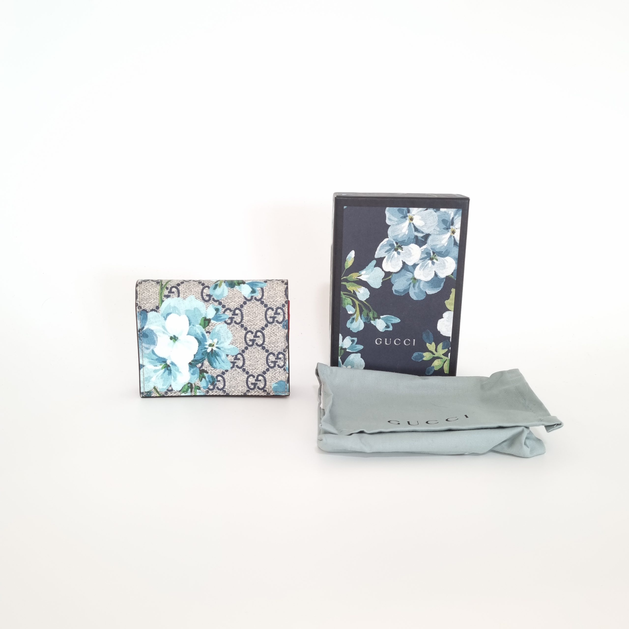 Gucci GG Supreme Monogram Blooms Card Case Wallet Beige/Blue Navy