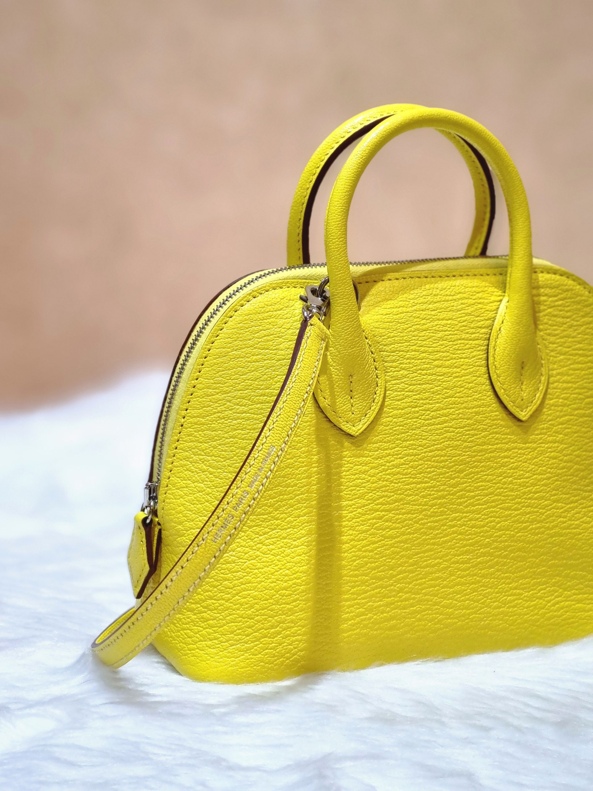 Hermes Mini Bolide 18cm Chèvre Mysore Goatskin Leather Palladium Hardware,  1Z Jaune Poussin - H Famous