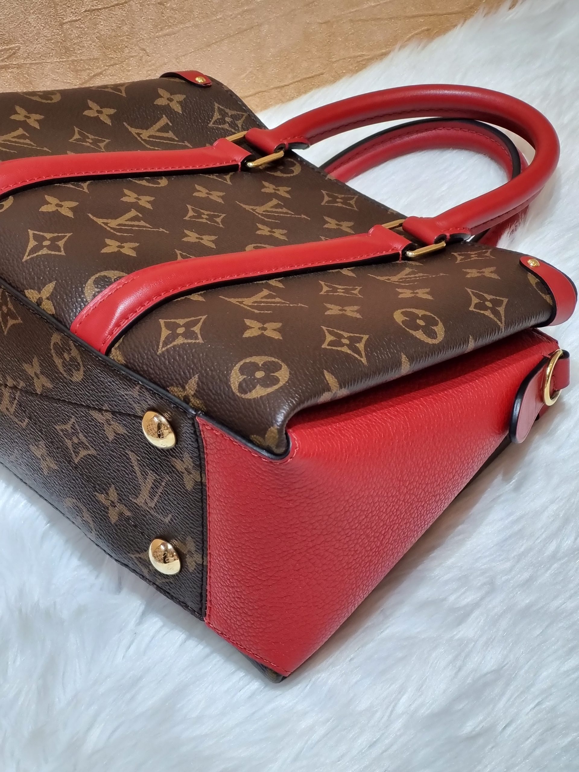 Louis Vuitton Soufflot BB Small Satchel Crossbody Monogram Brown Cerise Red  – Gaby's Bags