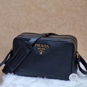 Prada Baltico Blue Vitello Phenix Leather Double Zip Crossbody Bag