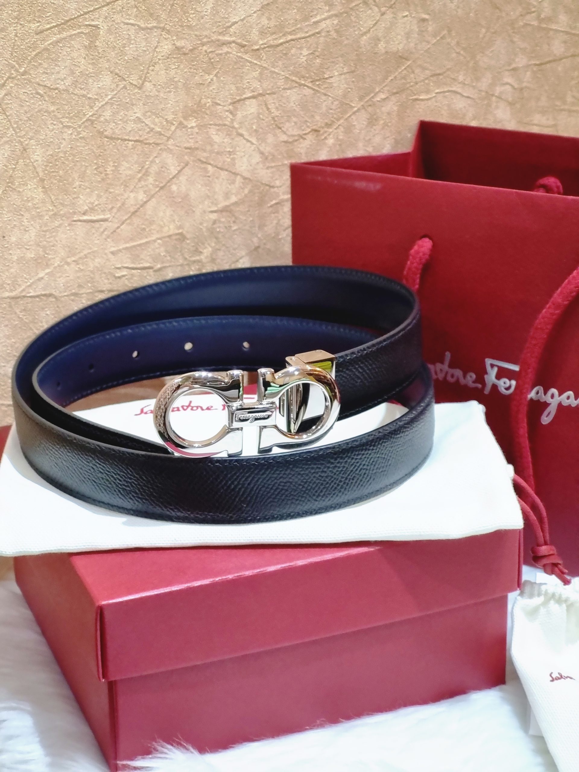 Salvatore Ferragamo Red Enamel Gancini Buckle Belt 34