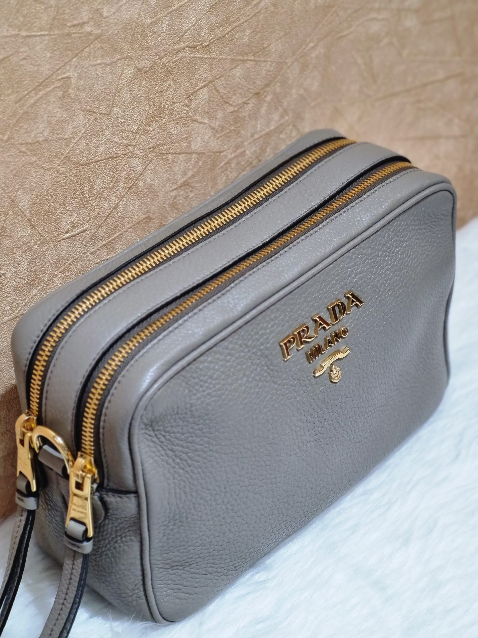 Prada Grey Leather Double Zip Camera Crossbody Bag