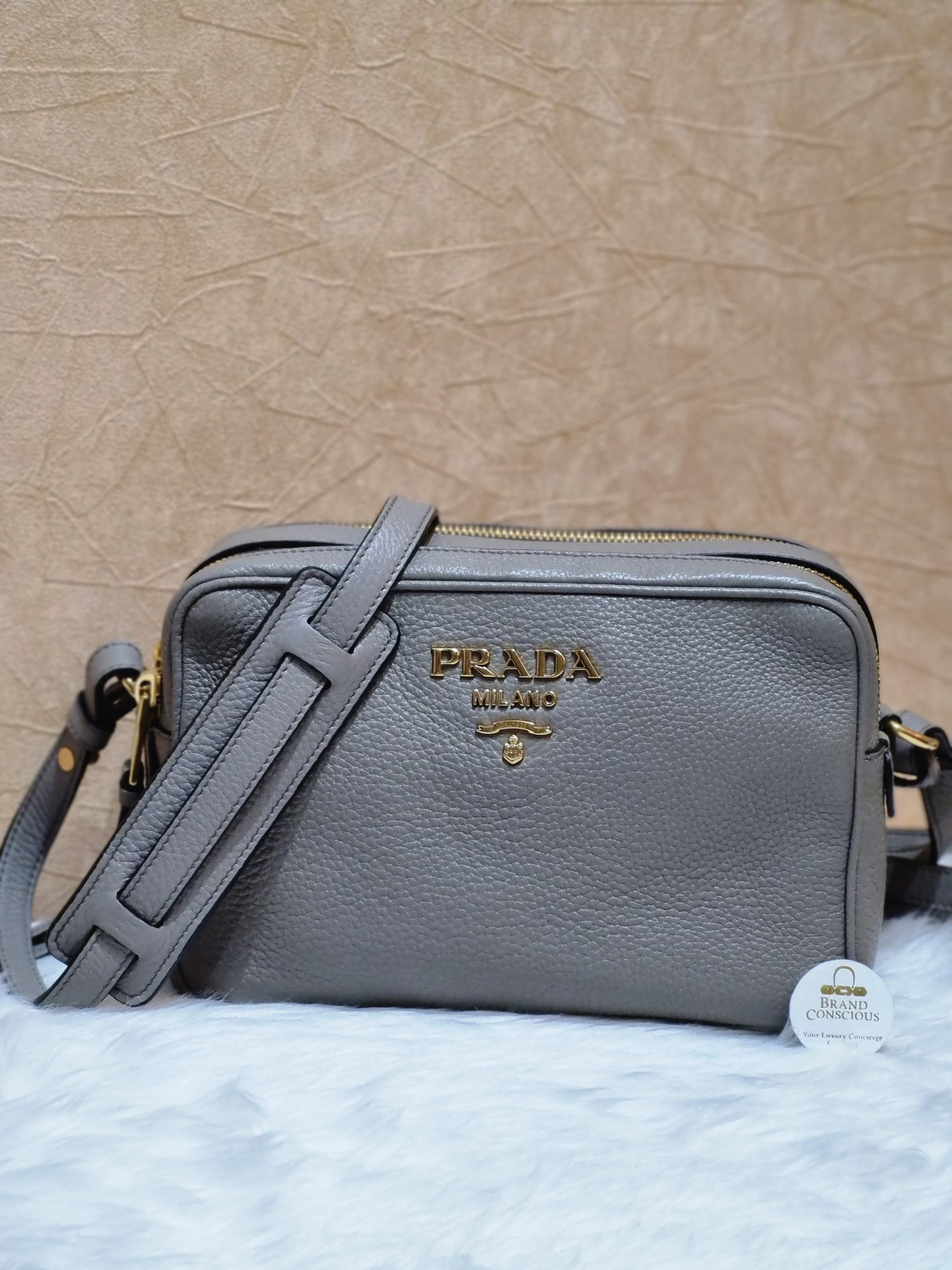 Prada Grey Leather Double Zip Camera Crossbody Bag