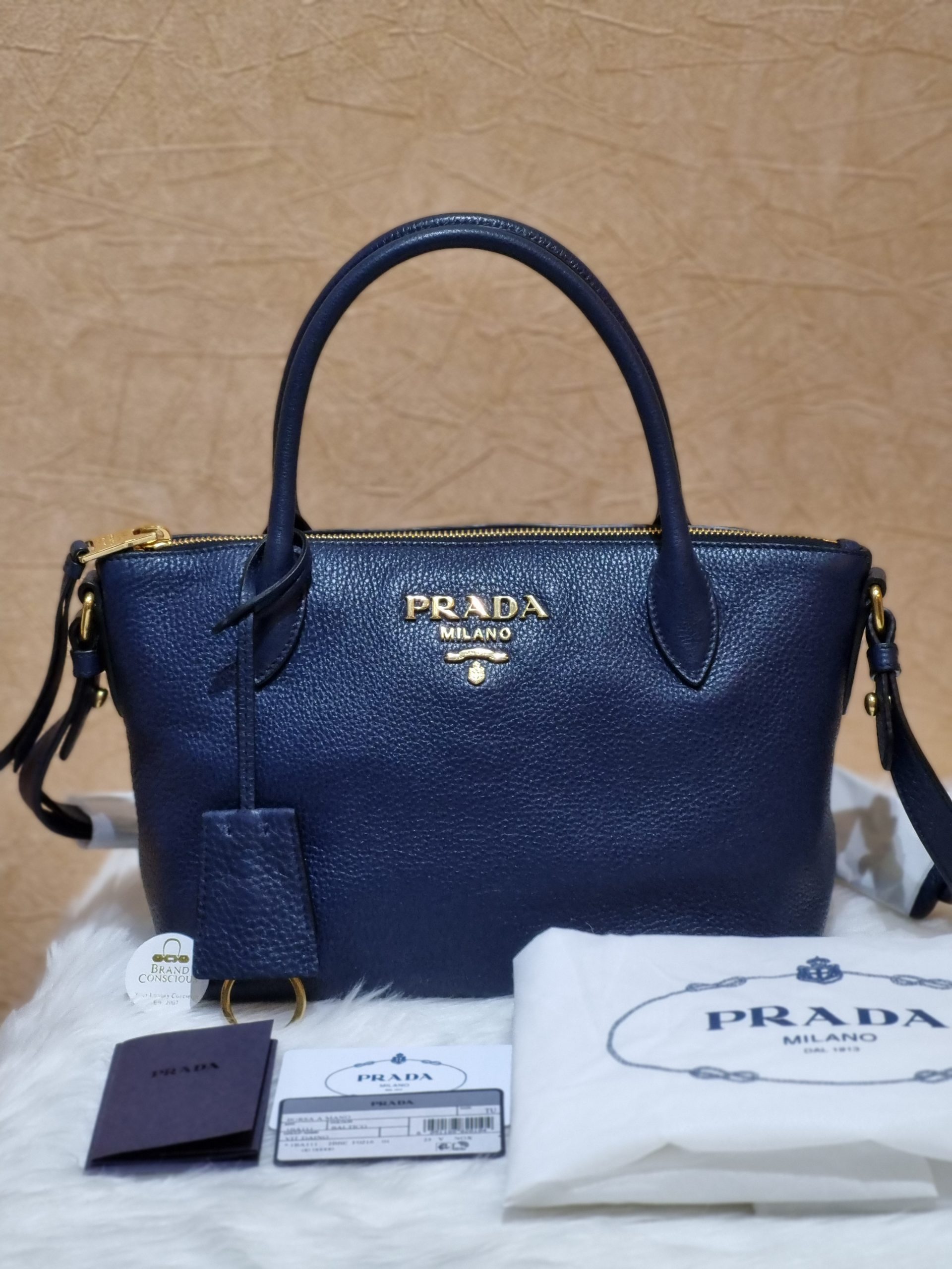 Prada Vitello Phenix Baltico Blue Leather Flap Medium Crossbody Bag