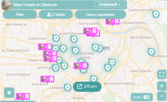 Hotels im Zentrum von Wien und wichtigste Sehenswürdigkeiten auf einer Karte