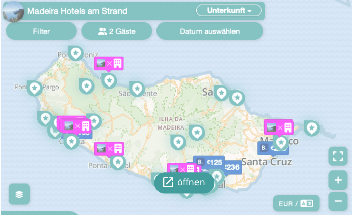 Karte mit Hotels am Strand auf Madeira
