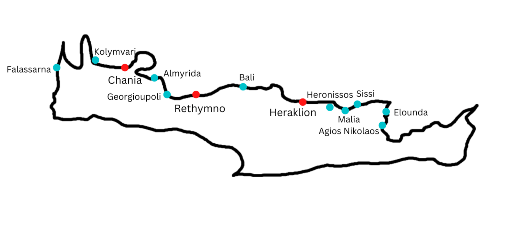Karte vom Norden von Kreta mit Städten und beliebten Urlaubsorten