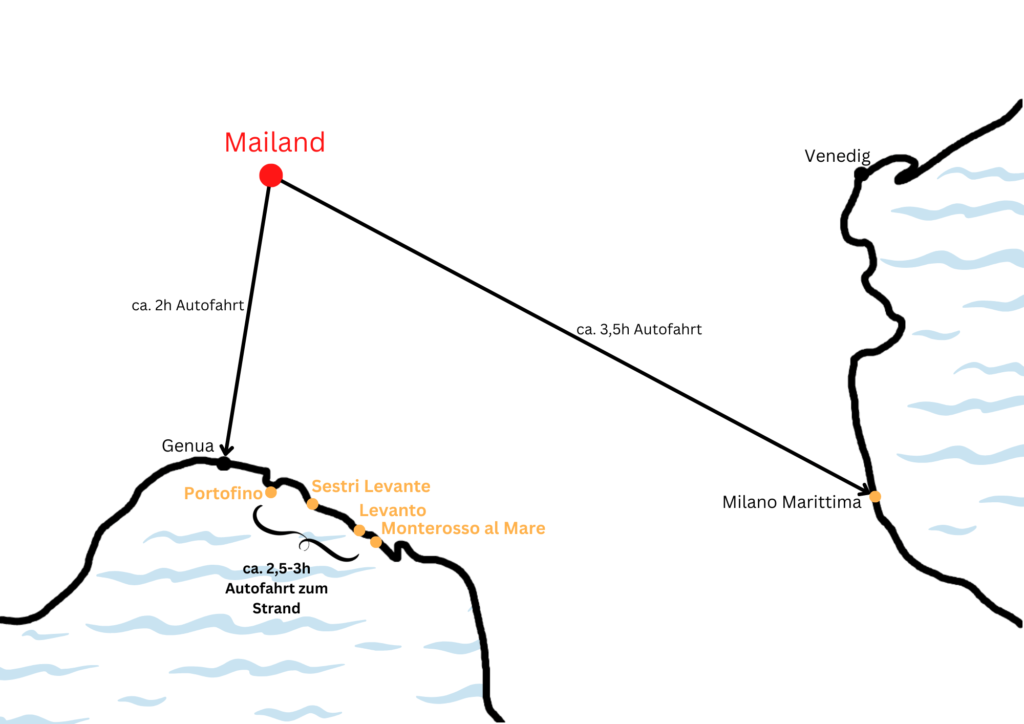 Karte mit Stränden in der Nähe von Mailand