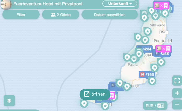 Karte von Fuerteventura mit Hotels mit Privatpool