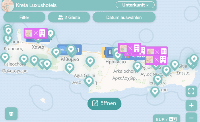 Karte mit Luxushotels auf Kreta
