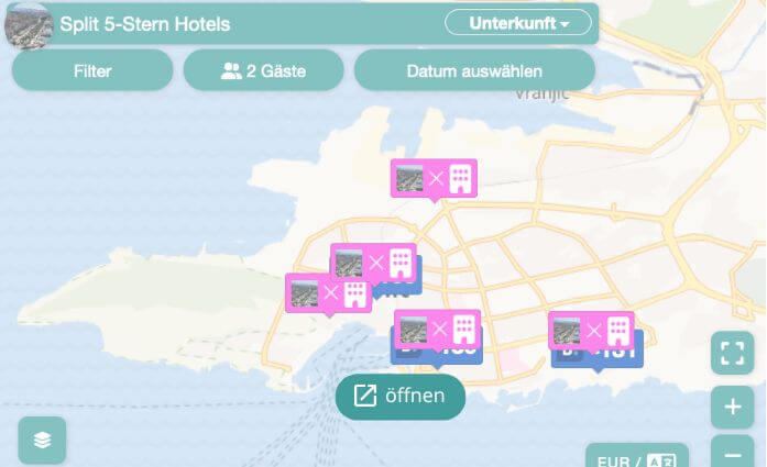 Karte von Split mit 5 Stern Hotels