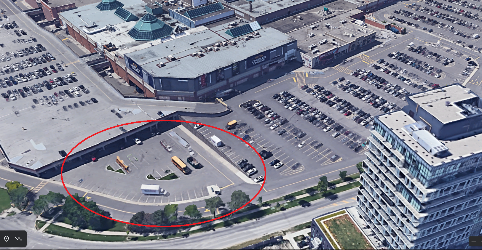 Satellite image of Fairview Mall, with the north east corner of the parking lot pinned