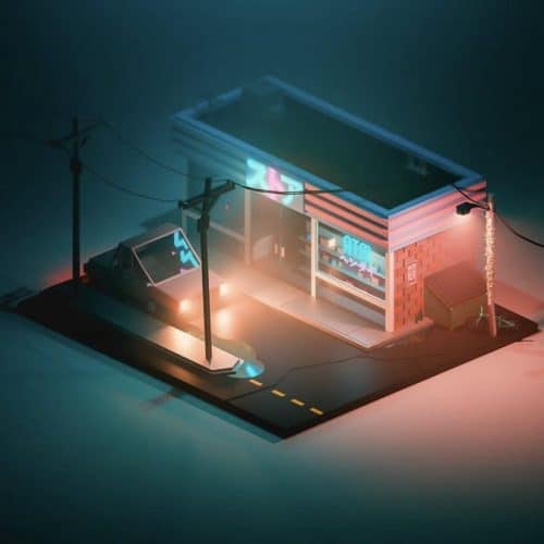 3D Render | A Lonely Gas Station : Vaporwave Aesthetics