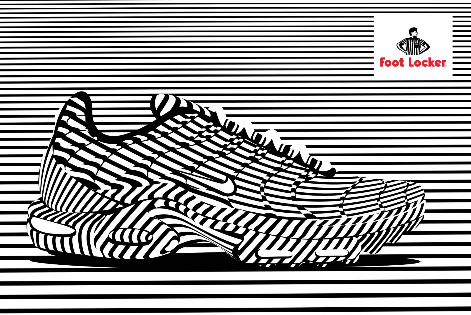 Alex Trochut | Foot Locker | Nike, Converse Shoe Advertisement Poster | Black and White Stripes 003