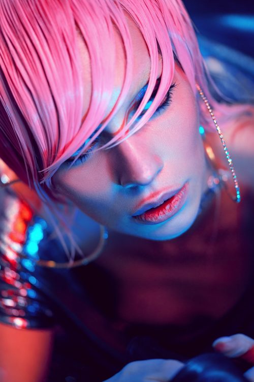 Gel Light Intimate Pink Hair Tattoo Ink Seductive Portrait Close Up Photography