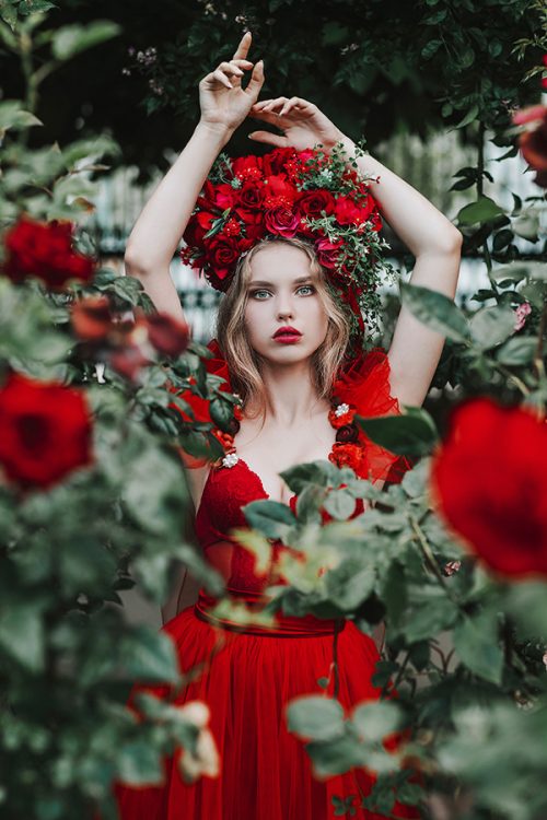 Red Rose Floral Flower Dress Makeup Beauty Fashion Garden Portrait Photography