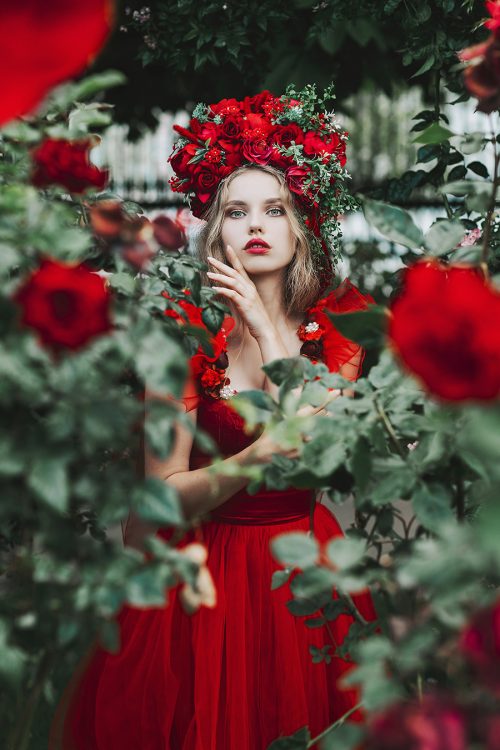 Red Rose Floral Flower Dress Makeup Beauty Fashion Garden Portrait Photography