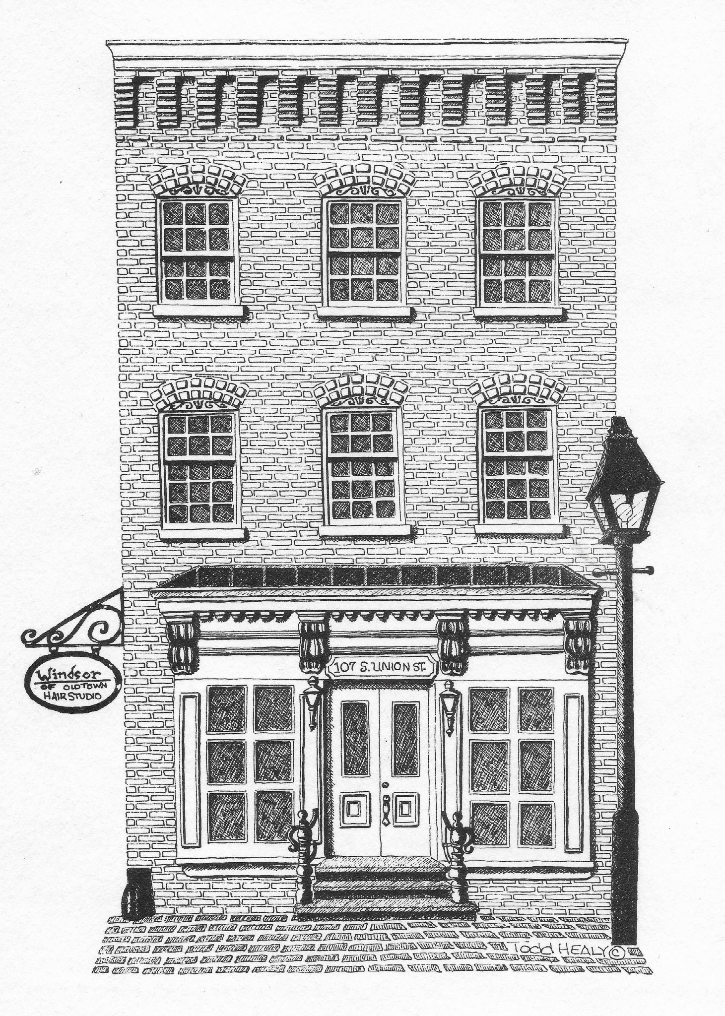 Black and white sketch of the building at 107 N Union STeet