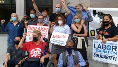 Virginia Diamond standing left in blue dress, Sara Nelson (wheelchair front) in red shirt, Don & Megan Beyer standing right back. Others present are workers with disabilities who work for Didlake corporation who are trying to unionize for equal wages.