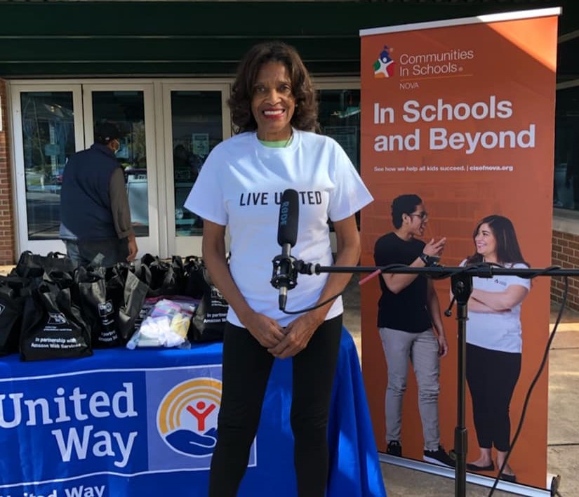 Florence King on October 21, 2021 during United Way event she chaired, where she said, "As chair of the Alexandria Regional Council of the United Way, National Capital Area it was my delight this morning to work with staff as we prepared for the distribution of feminine hygiene kits for approximately 700 female underserved and at risk students who attend Frances C. Hammond Middle School in Alexandria, Virginia."