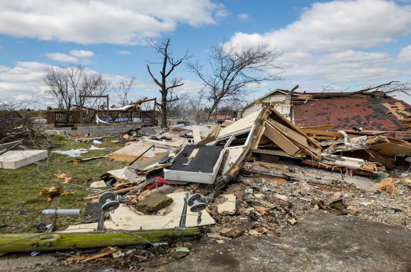Aftermath of devastating tornado damage in the Midwest, December 2021.