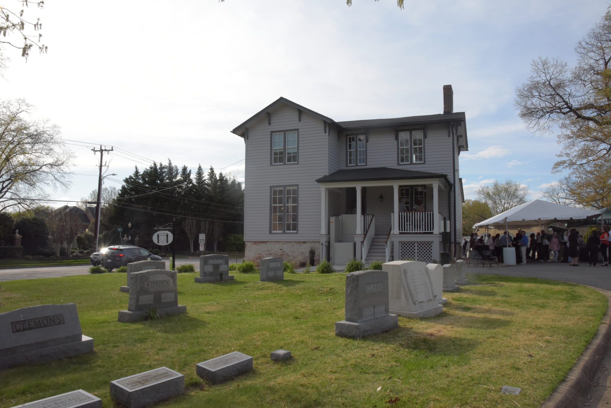 gravestones, house, party tent 