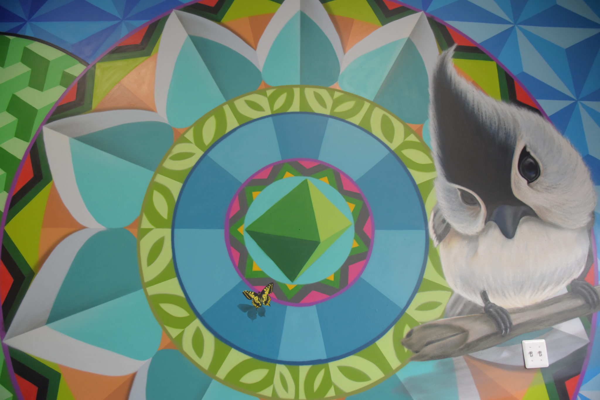 a colorful mural of geometric concentric circles next to a larger than life size bird 