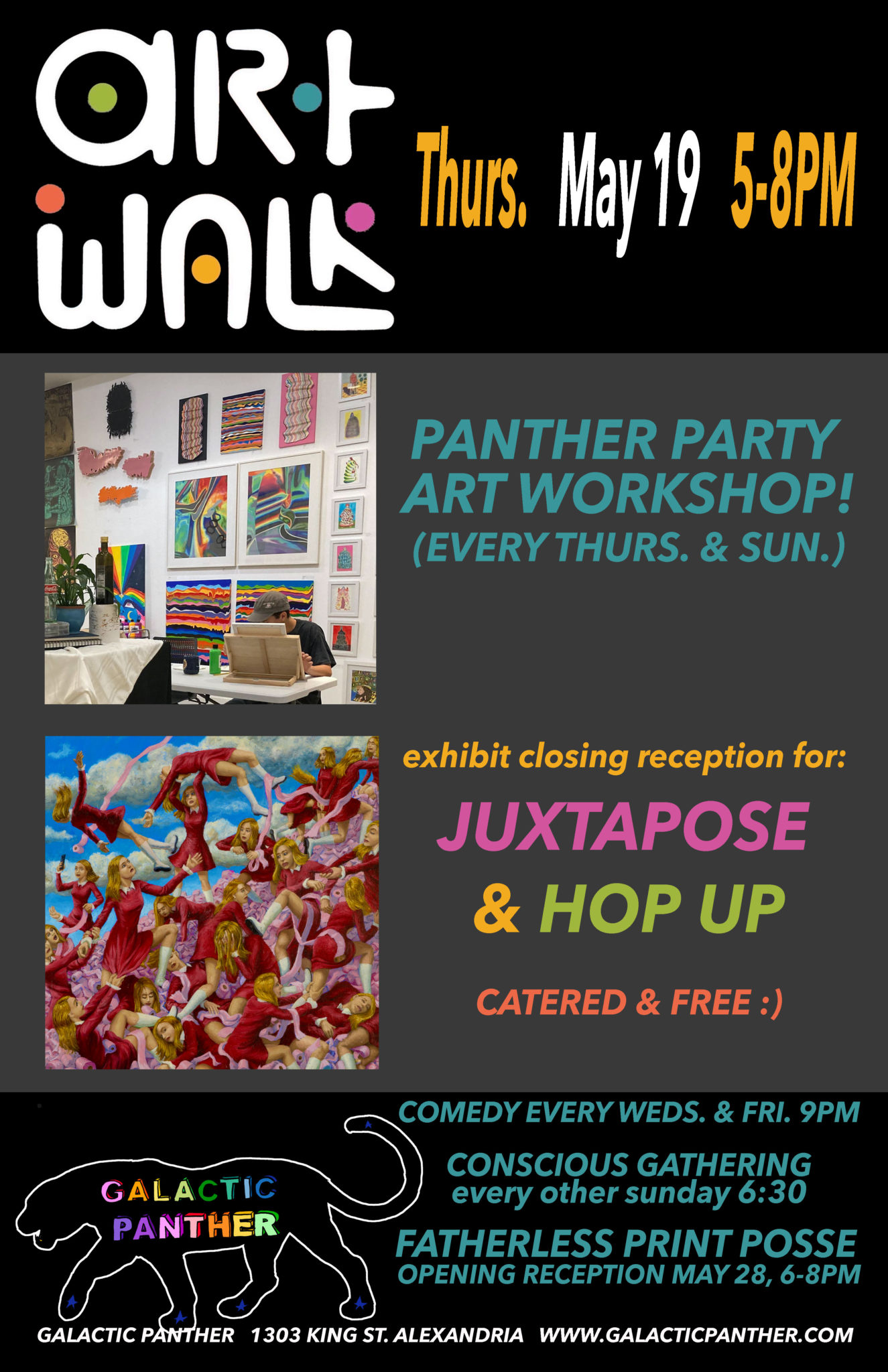 a colorful poster that reads: art walk, thurs. May 19, 5-8pm, panther party art workshop