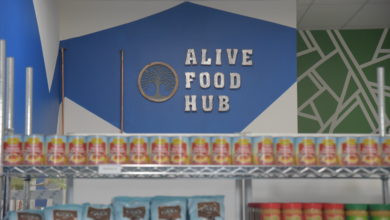 a shelf of canned goods in front of a wall that reads ALIVE FOOD HUB