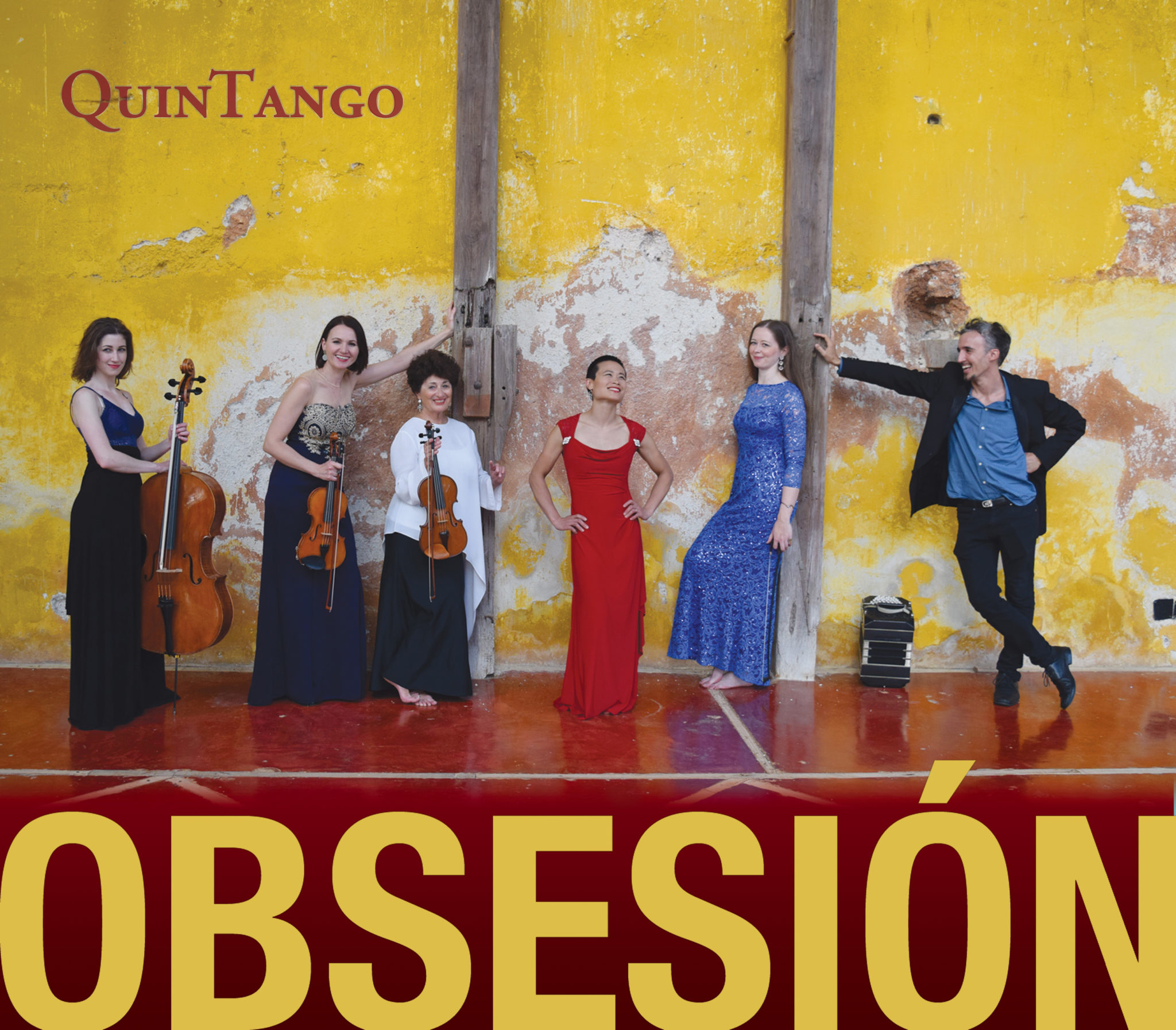 an album cover with 6 musicians on it, each one holding their instrument, they are wearing formal dresses and suits, the cover reads Obsession