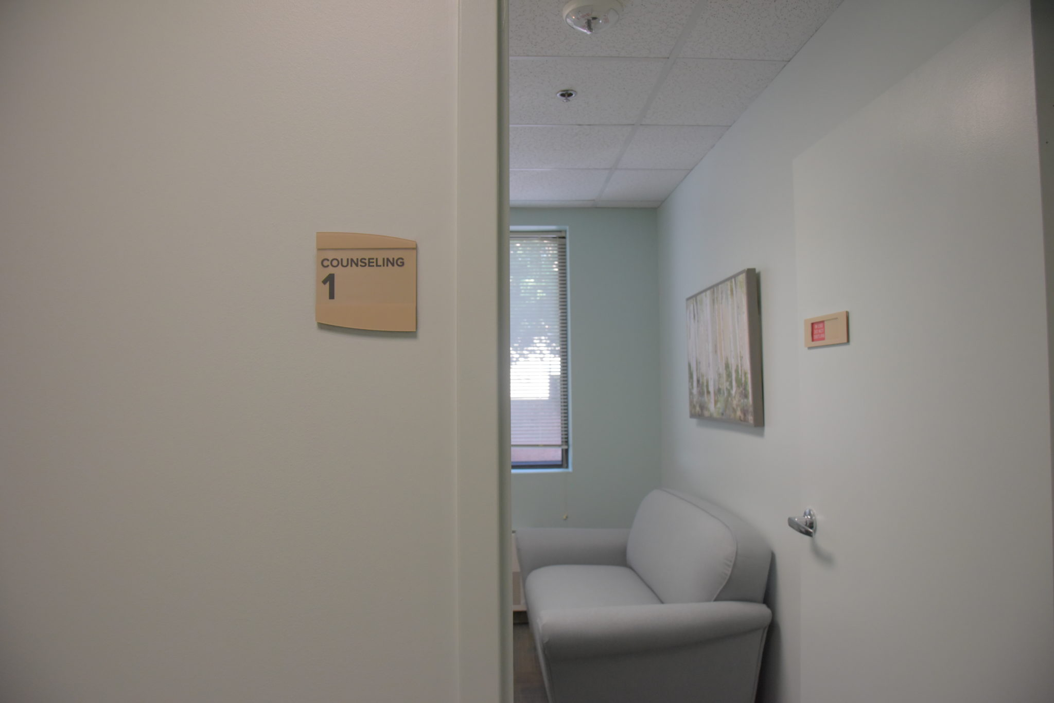 a wall with a sign that reads "counseling 1" and an open doorway that shows a couch against a wall