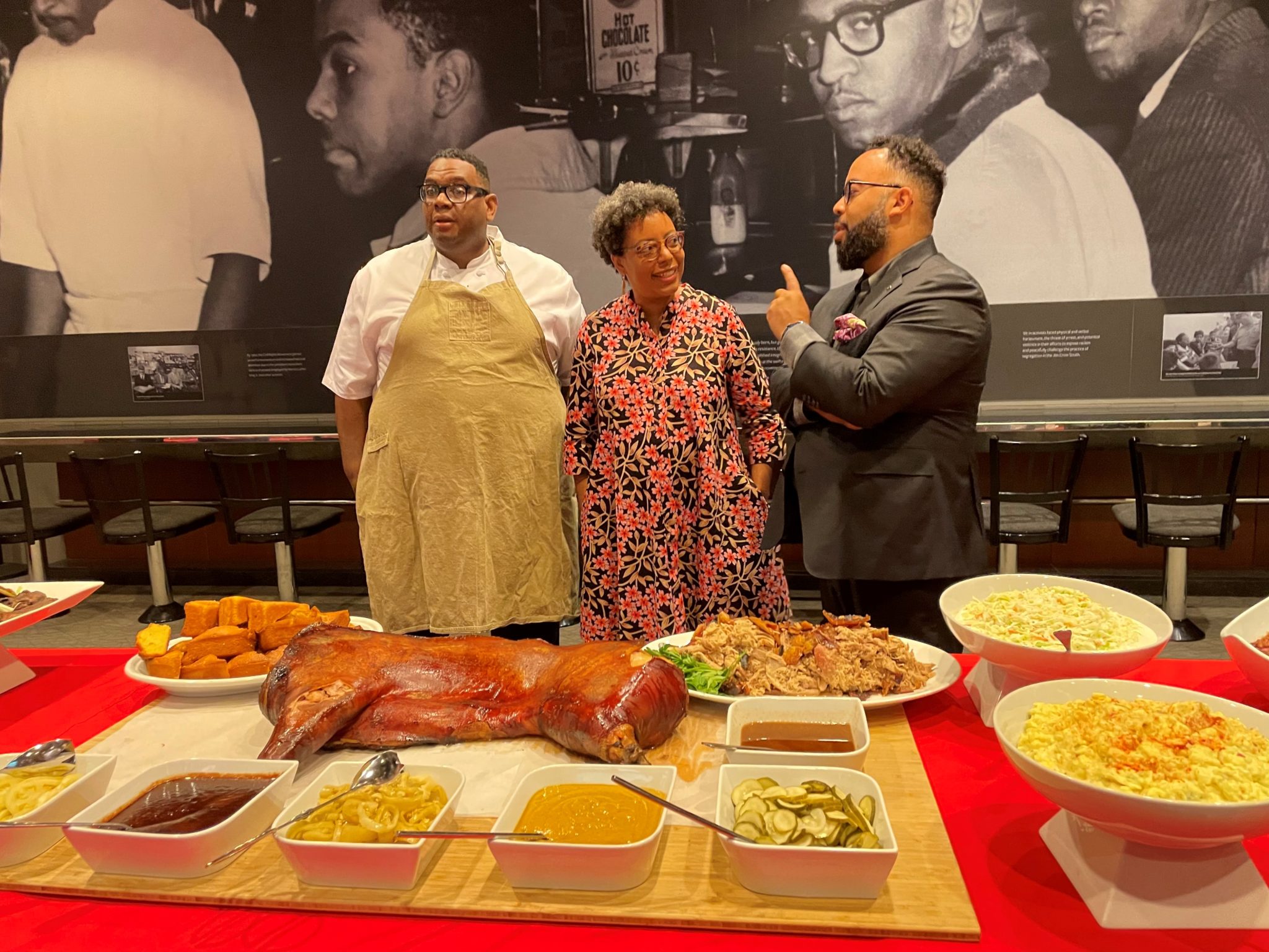 Chef Ramin Coles, Joanne Hyppolite a Jason Spear on media day discussing the special menu for Juneteenth. (Photo: Restaurant Associates)