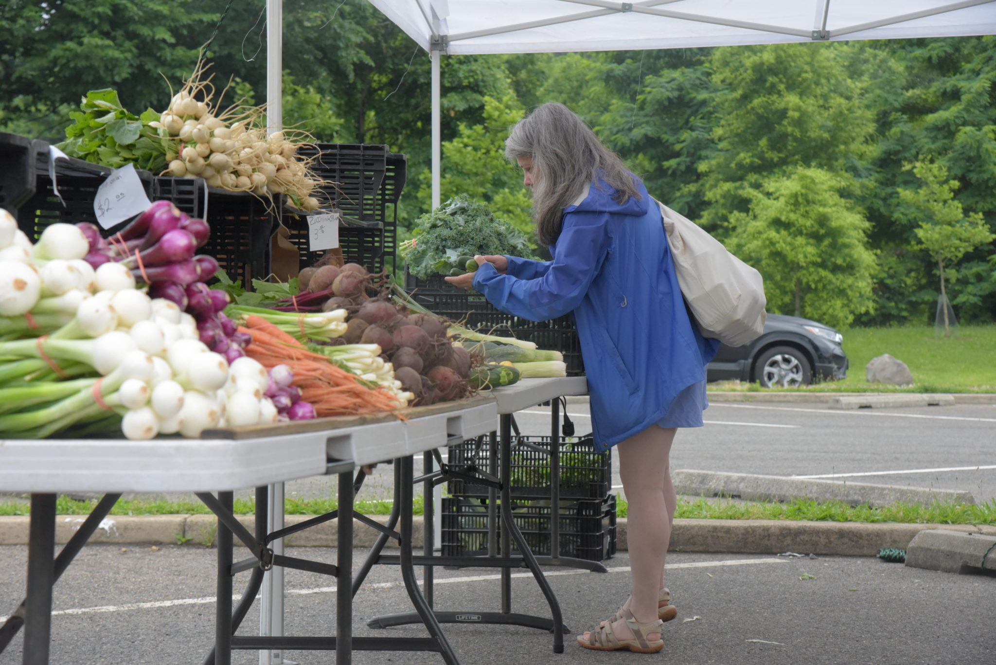 a woman stands over a table with farm fresh vegetables 