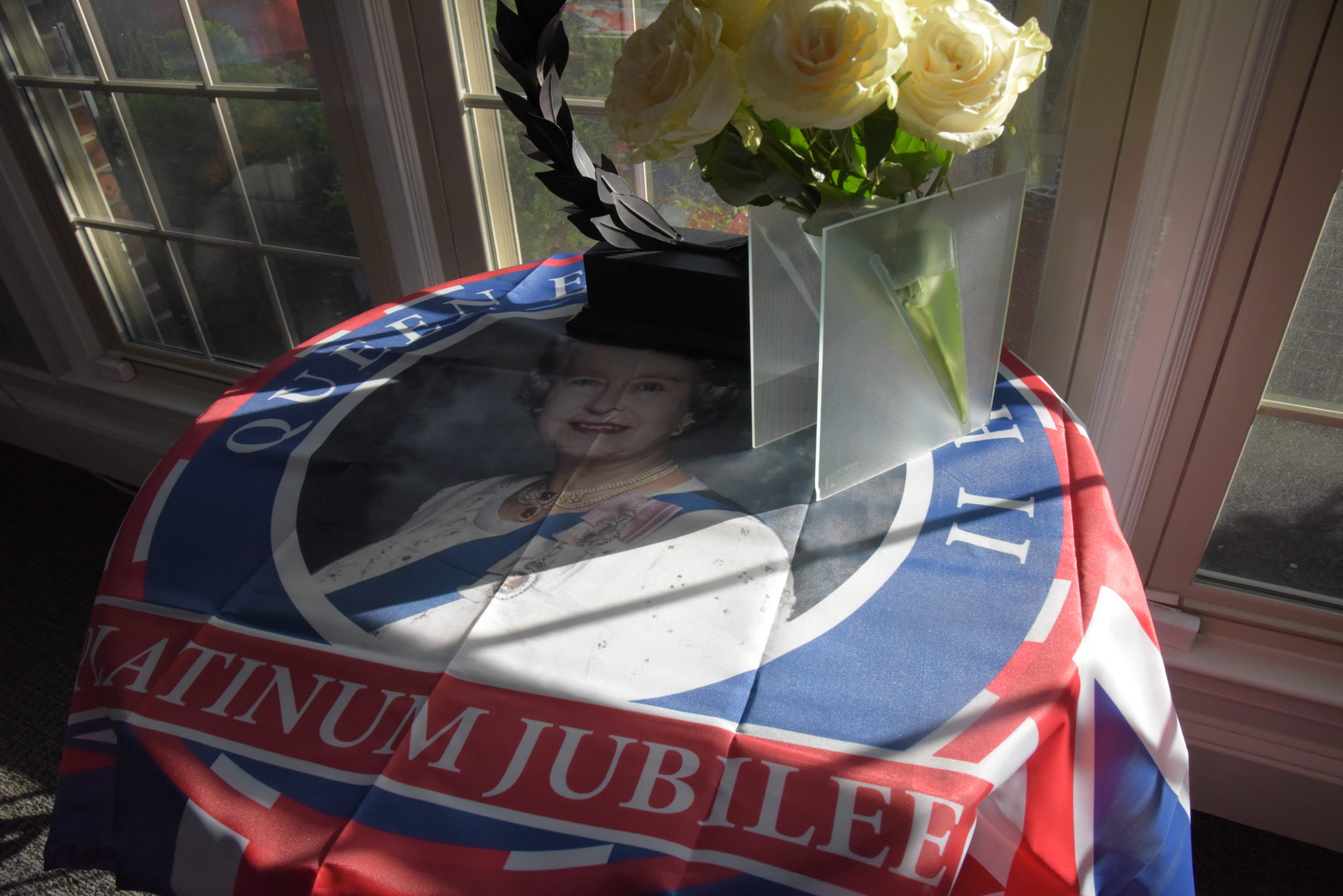 a table cloth with the image of Queen Elizabeth II on it