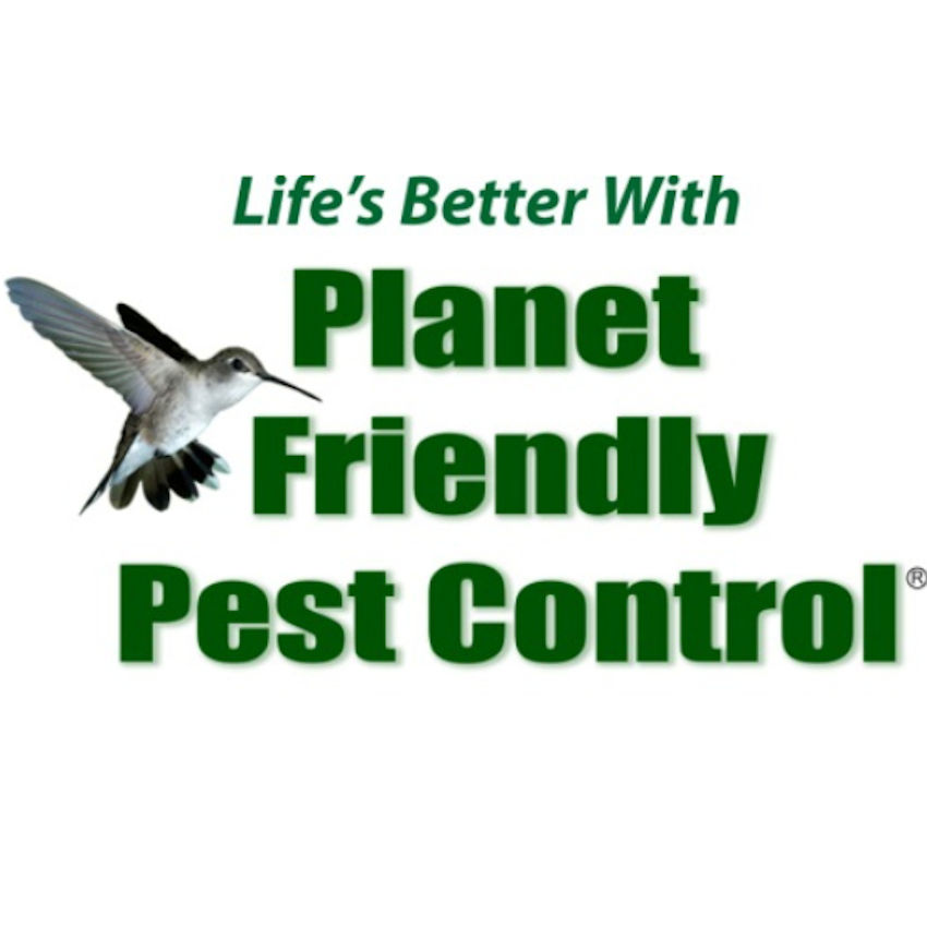 Planet Friendly Pest Control logo with a humming bird 