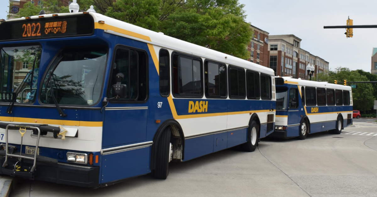 two DASHbuses lined up in Old Town Alexandria 