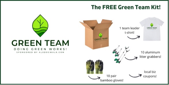 a flyer reading Green Team and depicting cardboard box, garden gloves, and a t shirt