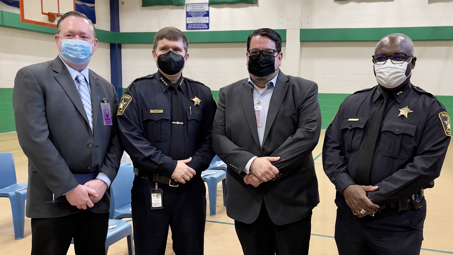 Aramark Regional Vice President Bob Barr, Sheriff Sean Casey, Aramark Virginia General Manager Benjamin Pellerin, and Chief Deputy Rawle Kelly at the In2Work graduation