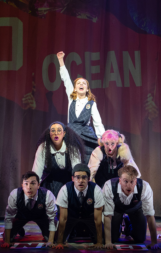 (top row) Shinah Hey (Ocean O’Connell Rosenberg), (second row) Gabrielle Dominique (Constance Blackwood), Ashlyn Maddox (Jane Doe), (bottom row) Nick Martinez (Noel Gruber), Matthew Boyd Snyder (Ricky Potts), and Eli Mayer (Mischa Bachinski) in Ride the Cyclone running January 13 through February 19 at Arena Stage at the Mead Center for American Theater. (Photo by Margot Schulman.)