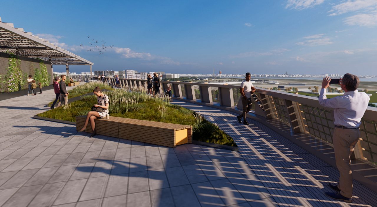 Architectural rendering of the the roof terrace looking out on the green space, with views of the downtown DC skyline. (Image: Virginia Tech)