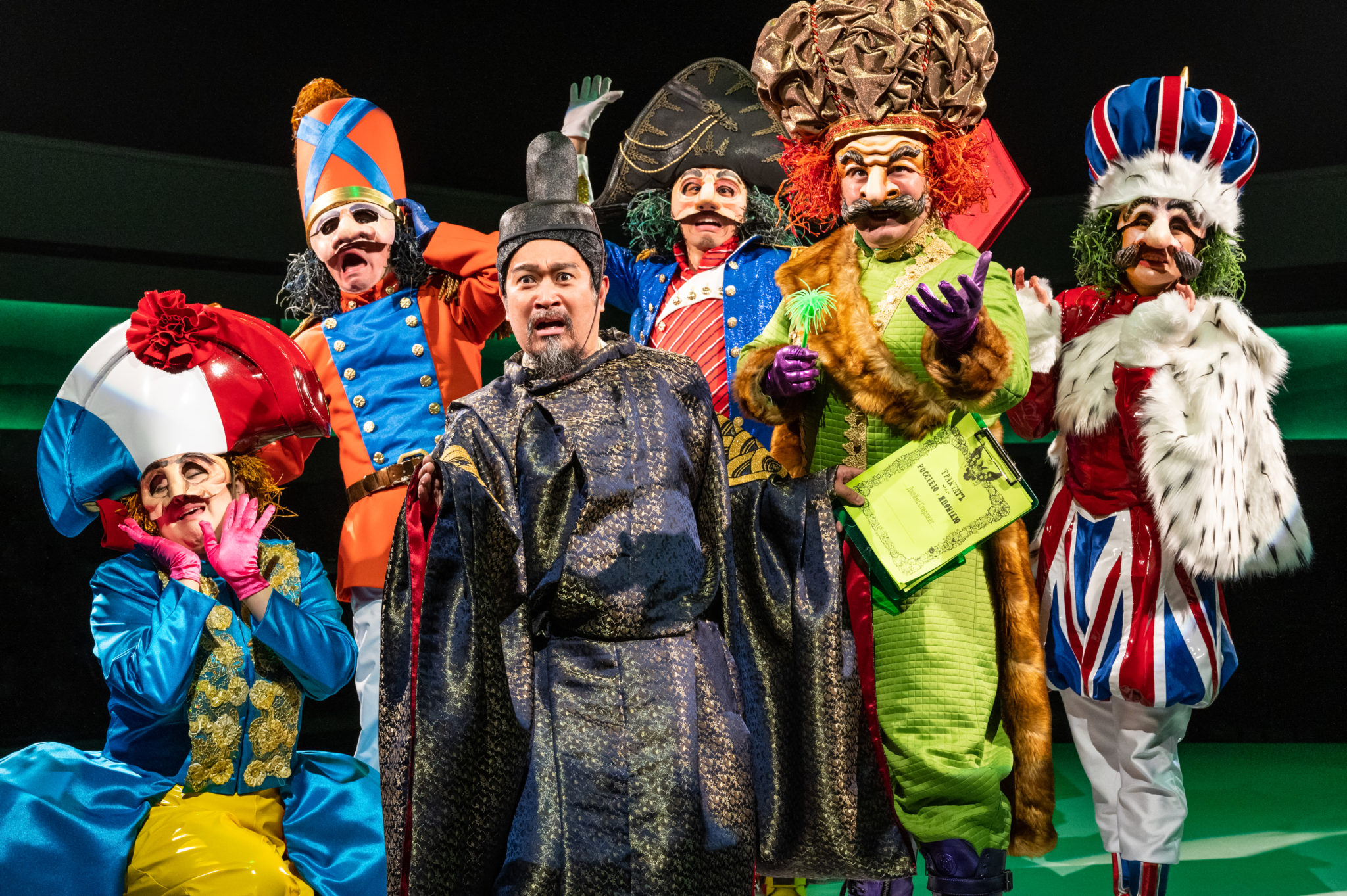 Chani Wereley (French Admiral), Nicholas Yenson (Dutch Admiral), Eymard MenesesCabling (Lord Abe), Andrew Cristi (American Admiral), Christopher Mueller (Russian Admiral), and Quynh-My Luu (British Admiral) in Pacific Overtures at Signature Theatre. Photo by Daniel Rader