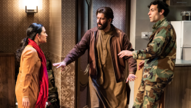 7. Neagheen Homaifar (Leyla), Yousof Sultani (Jawid), and Mazin Akar (Taroon) in Selling Kabul at Signature Theatre. Photo by Christopher Mueller.