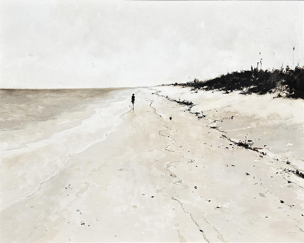 Beach scene--very light tones--single figure on horizon.