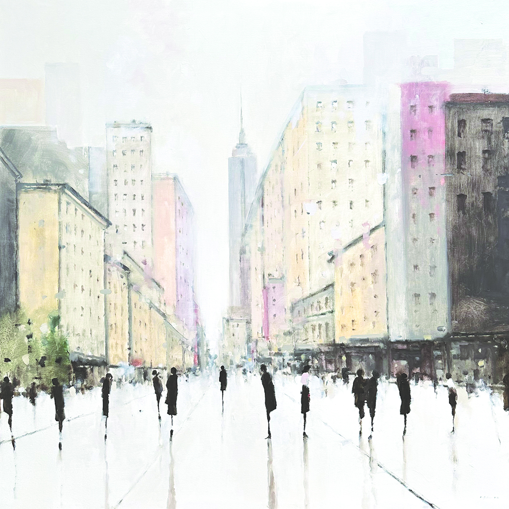 Pastel high rise buildings in background with small figures of people in the foreground on a wet-looking street.
