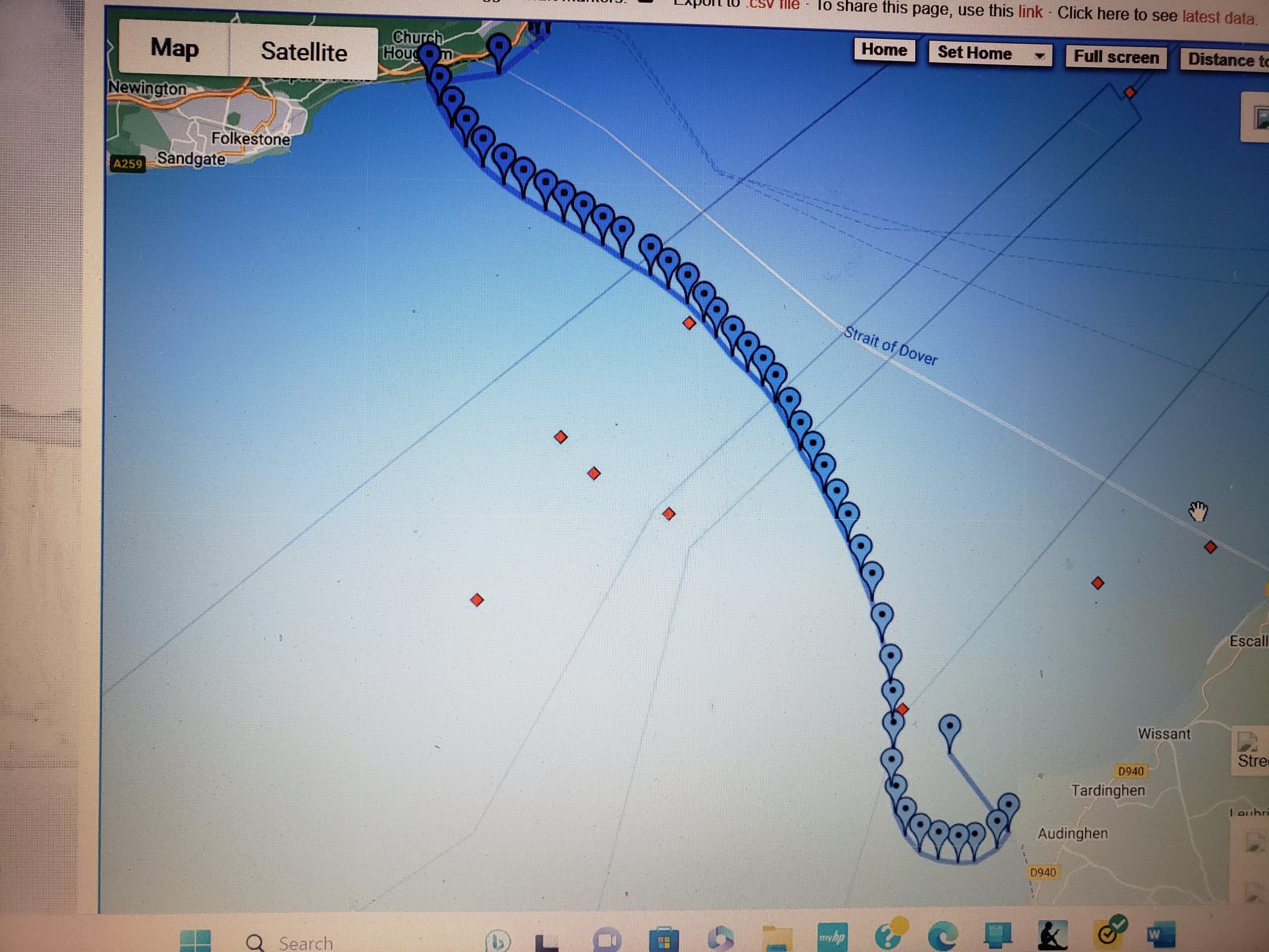 Map of The route across the English Channel for a swimmer.