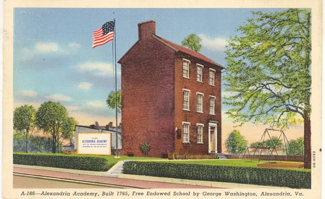 Painting of a brick three story building with an American flag flying next to it.