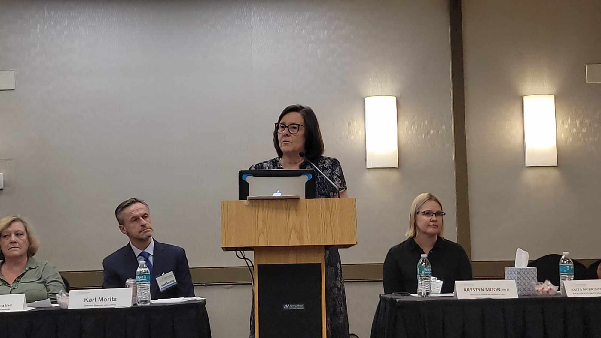 Panel featuring (left to right), city housing director Helen McIlvaine, planning director Karl Moritz, Anita Morrison of Partnerships for Economic Solutions, and Krystyn Moon, professor of History and American Studies at University of Mary Washington (Photo Lucelle O’Flaherty) 